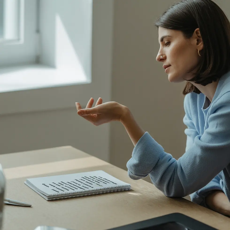 A woman in a light blue sweater is engaged in a thoughtful conversation, gesturing as she sits at a table with a notebook and pen, illuminated by natural light from a nearby window.