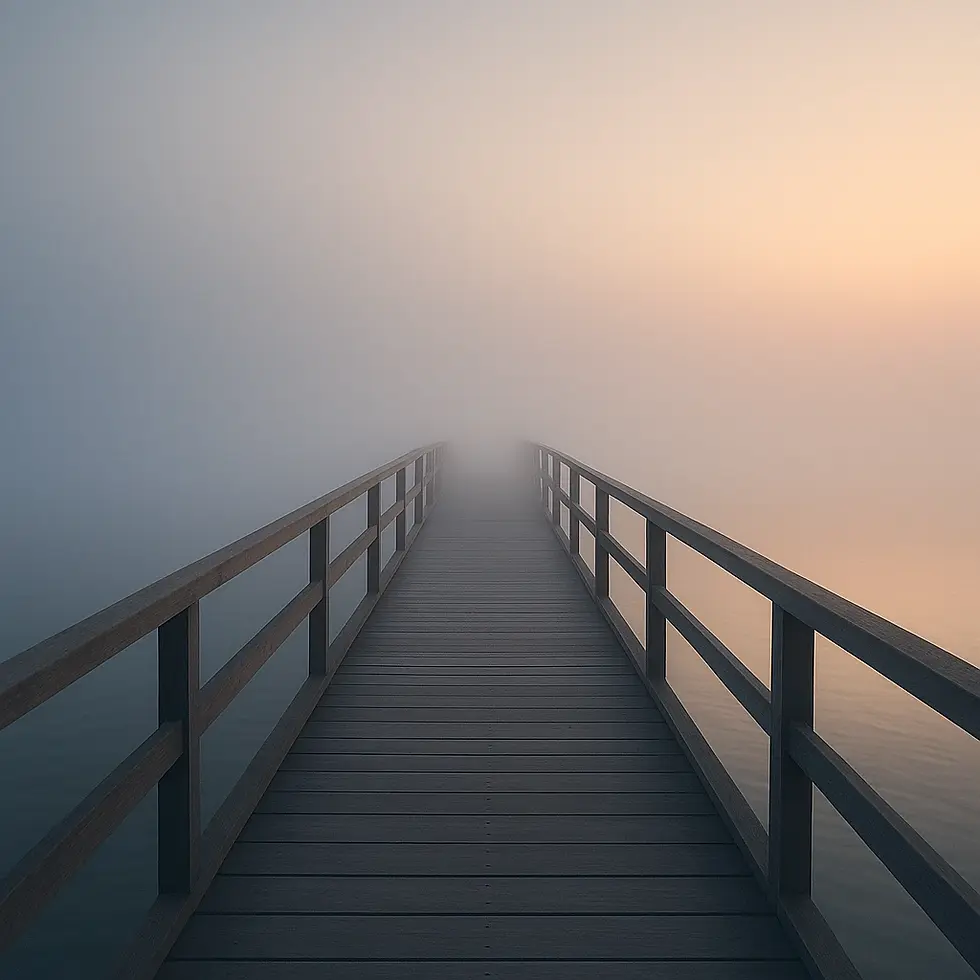 A wooden pier stretches into the fog, blending seamlessly with a serene, pastel-hued sky at dawn.