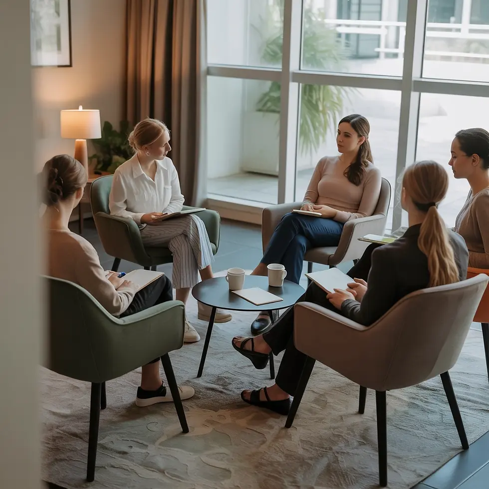 A group of women engaged in a collaborative meeting, seated in a modern conference room, exchanging ideas and taking notes around a small table with coffee cups.