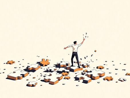 An illustration of a candidate lost in the process, illustrated with puzzle parts