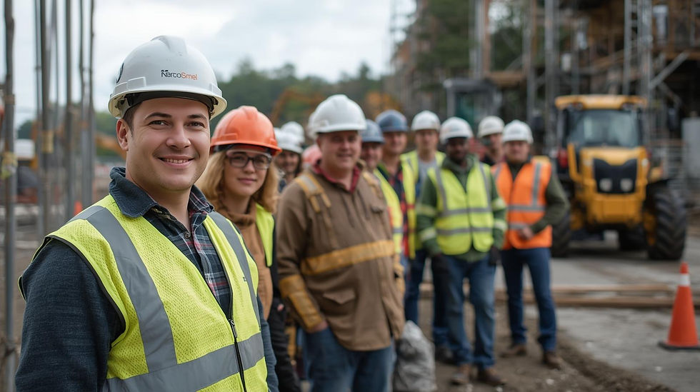 contractor with mixed demographic smiling and concentrated on left side of photo, with job
