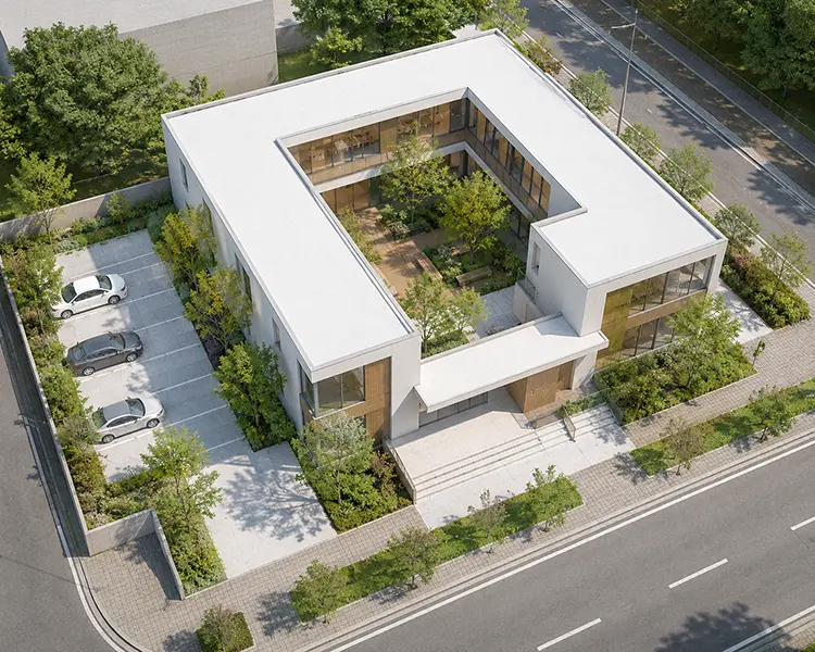 作例7：建物と敷地を見渡せる鳥瞰パース