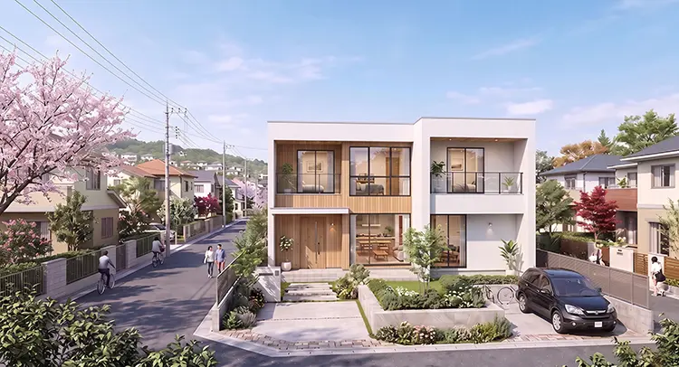 広角レンズの特徴を加えた住宅の建築CGパース