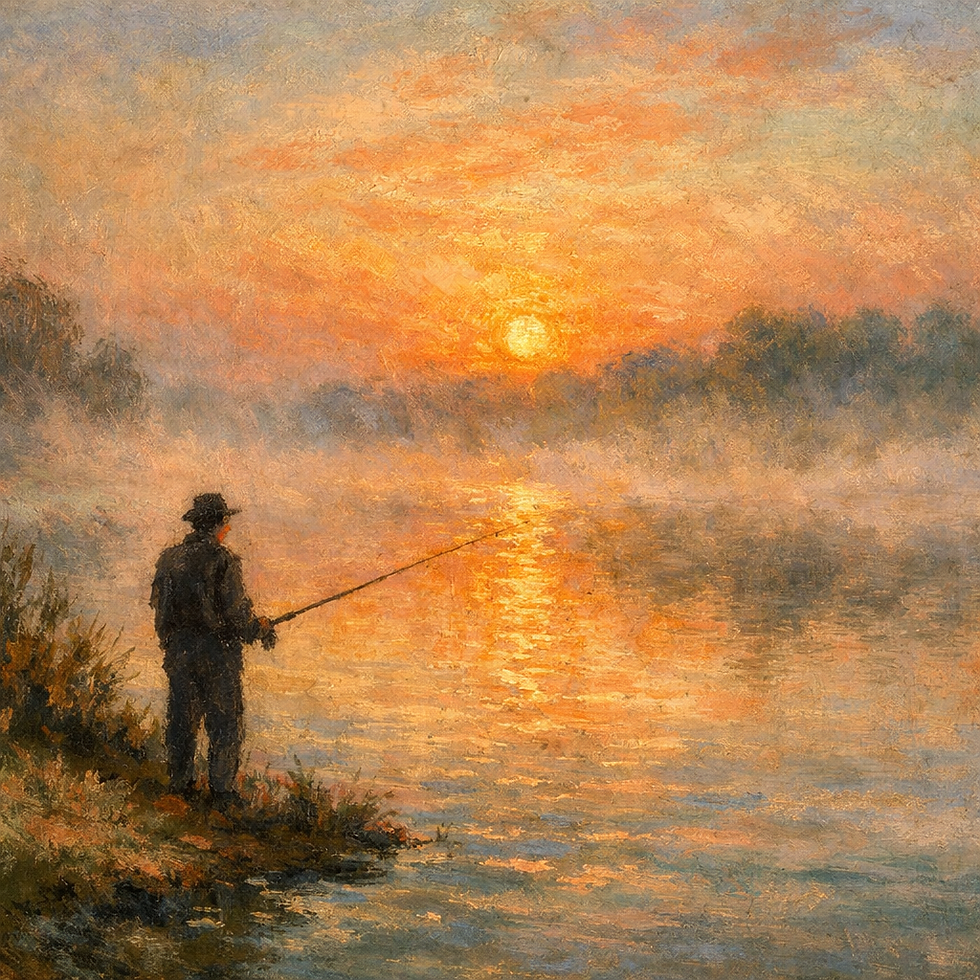 A man fishing at the edge of the lake at sunrise. 