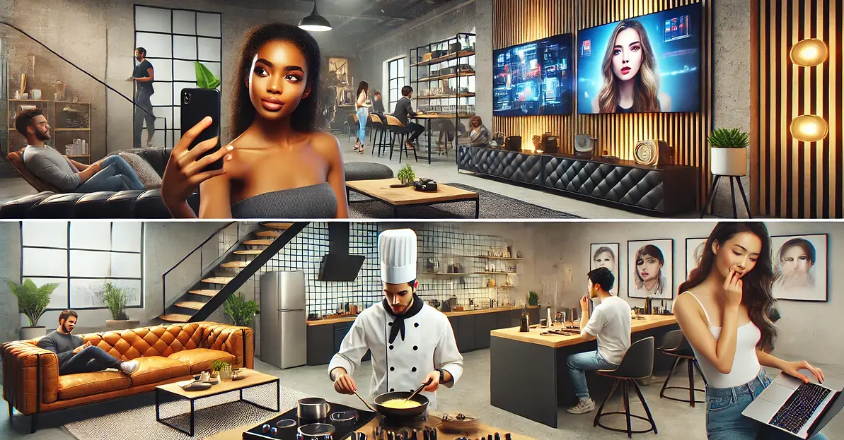 DALL·E 2024-12-29 14.26.55 - A stylish, upscale agency setting with leather couches, sleek