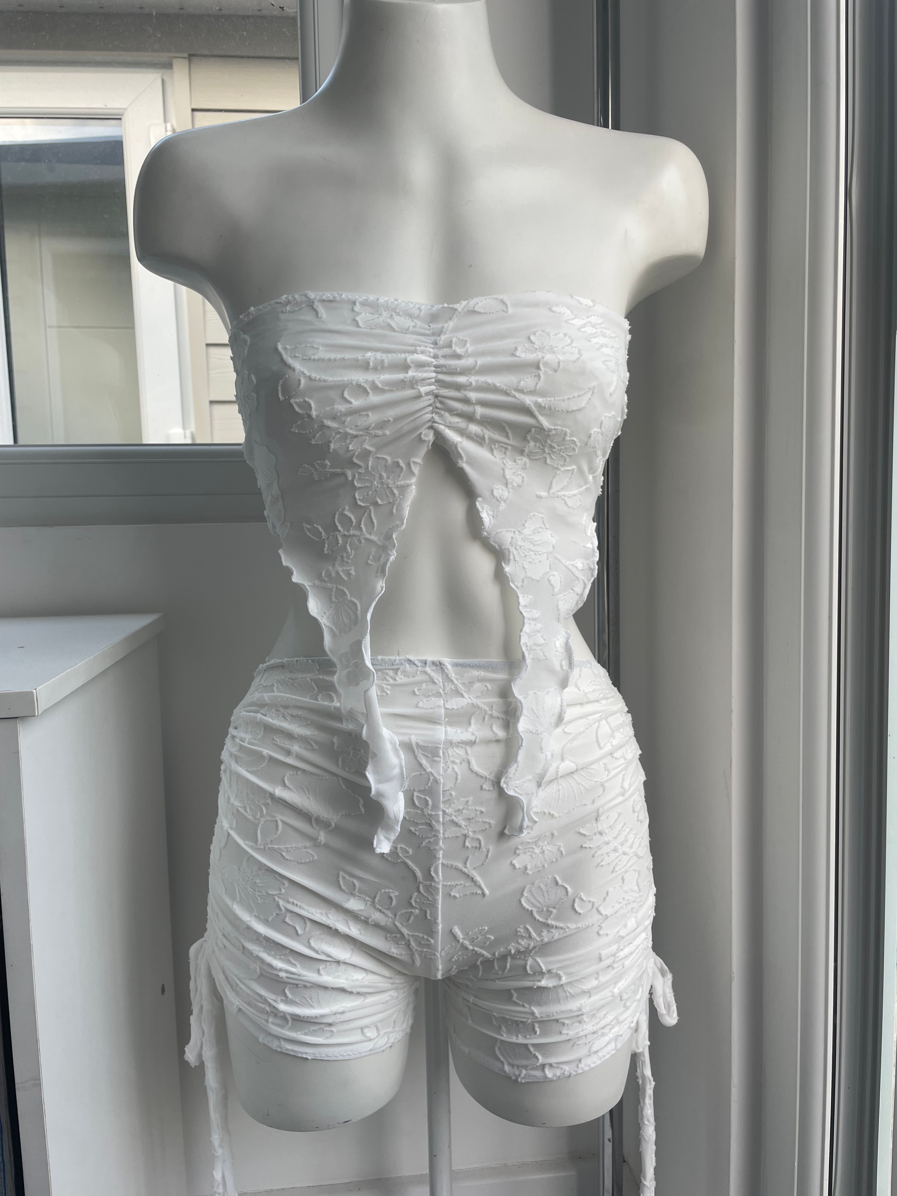 The Aysemetrical ruched short boobtube top & ruched hot pant shorts set