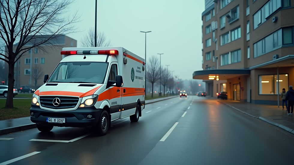 Eye-level view of an ambulance parked outside a hospital