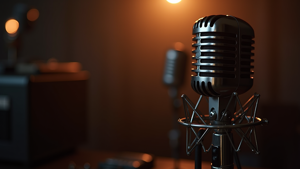 Close-up of a vintage microphone in a dimly lit recording studio