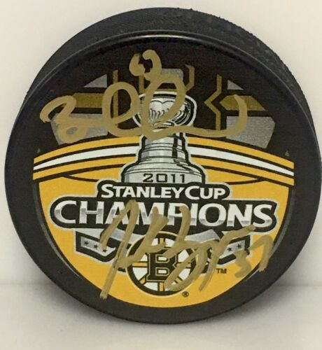 Patrice Bergeron Brad Marchand Boston Bruins Dual Signed Stanley Cup Champs Puck