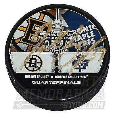 Patrice Bergeron Boston Bruins Signed Dual Logo Playoff Hockey Puck vs Leafs