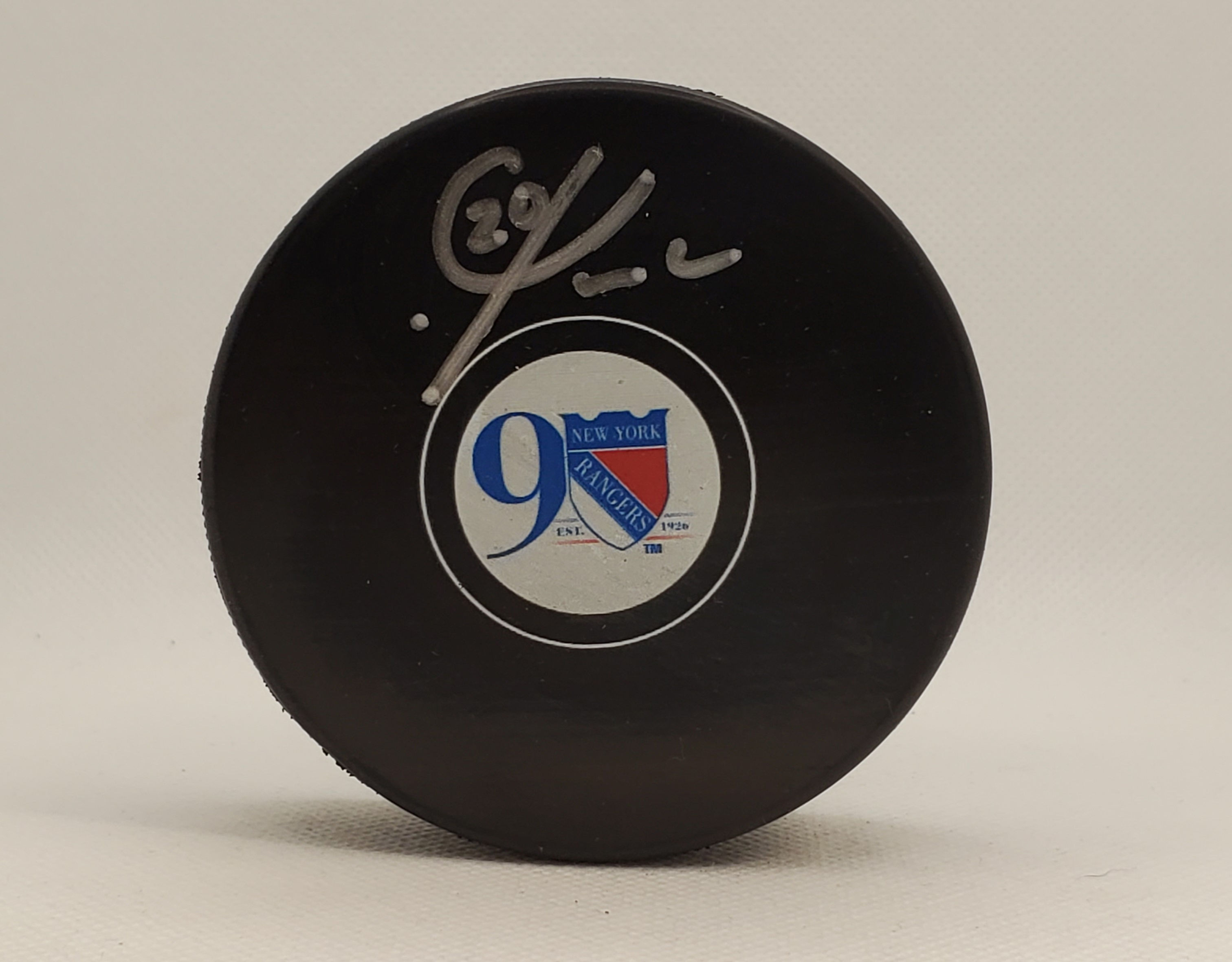 Chris Kreider NY Rangers signed puck Rangers 90th Logo