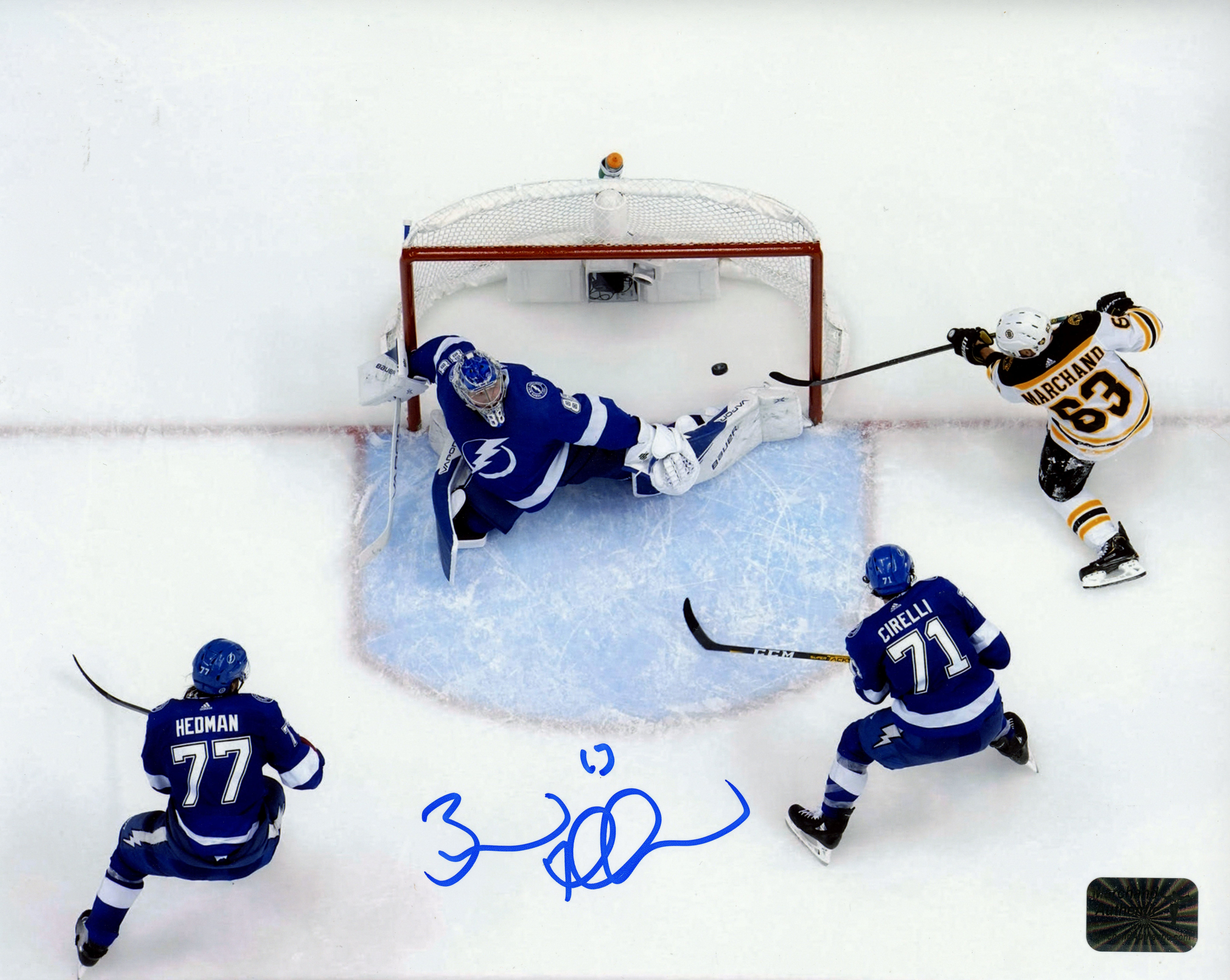 Brad Marchand Boston Bruins Signed Autographed Overhead Goal vs Tampa 8x10