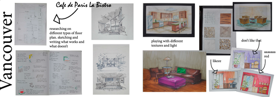 A collage of hand-drawn interior design sketches, material samples, and notes exploring layout, textures, and color options.