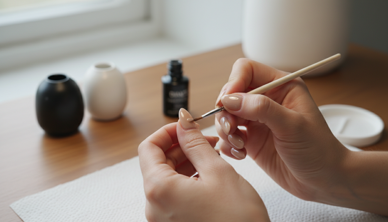 Person carefully applying gel nail product during an at-home manicure.
