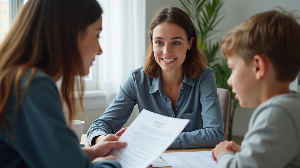 Eye-level view of a behaviour support practitioner discussing a plan with a family