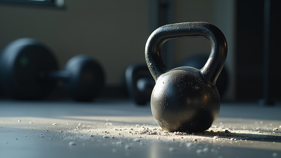 Close-up view of a kettlebell on gym floor with chalk dust