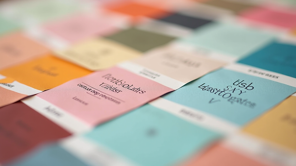 Close-up view of a colorful brand mood board with swatches and typography samples