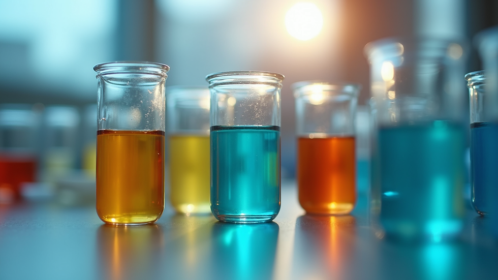 Close-up view of colorful liquids in test tubes on a table