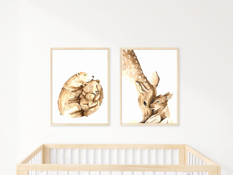 Thumbnail: Mom with baby deer fawn children's poster, cute animal poster for children's room, Nursery D