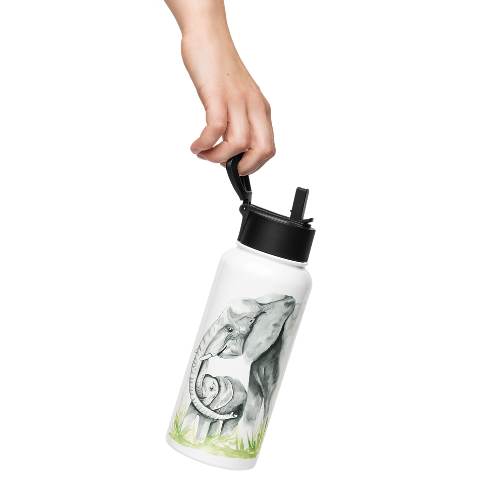 Wasserflasche Weiß mit Elefanten aus Edelstahl mit Strohhalmdeckel