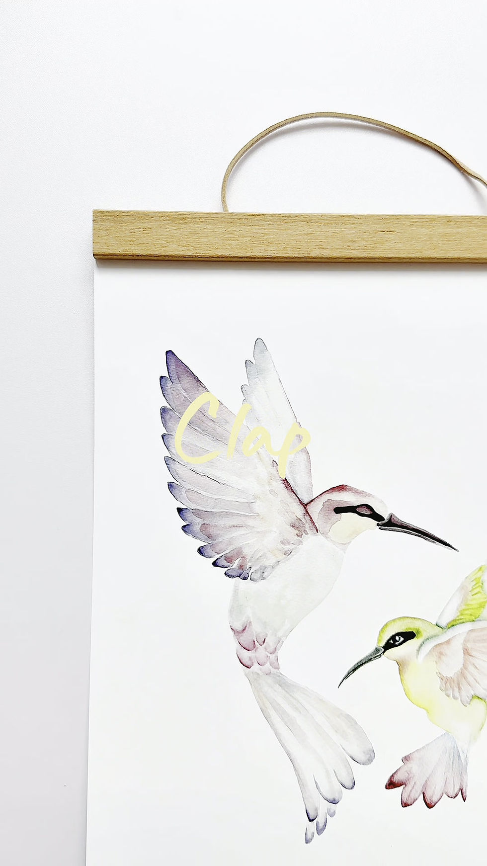 Thumbnail: Wooden magnetic poster hanger with art print, handcrafted and detailed with a leather hanging loop.