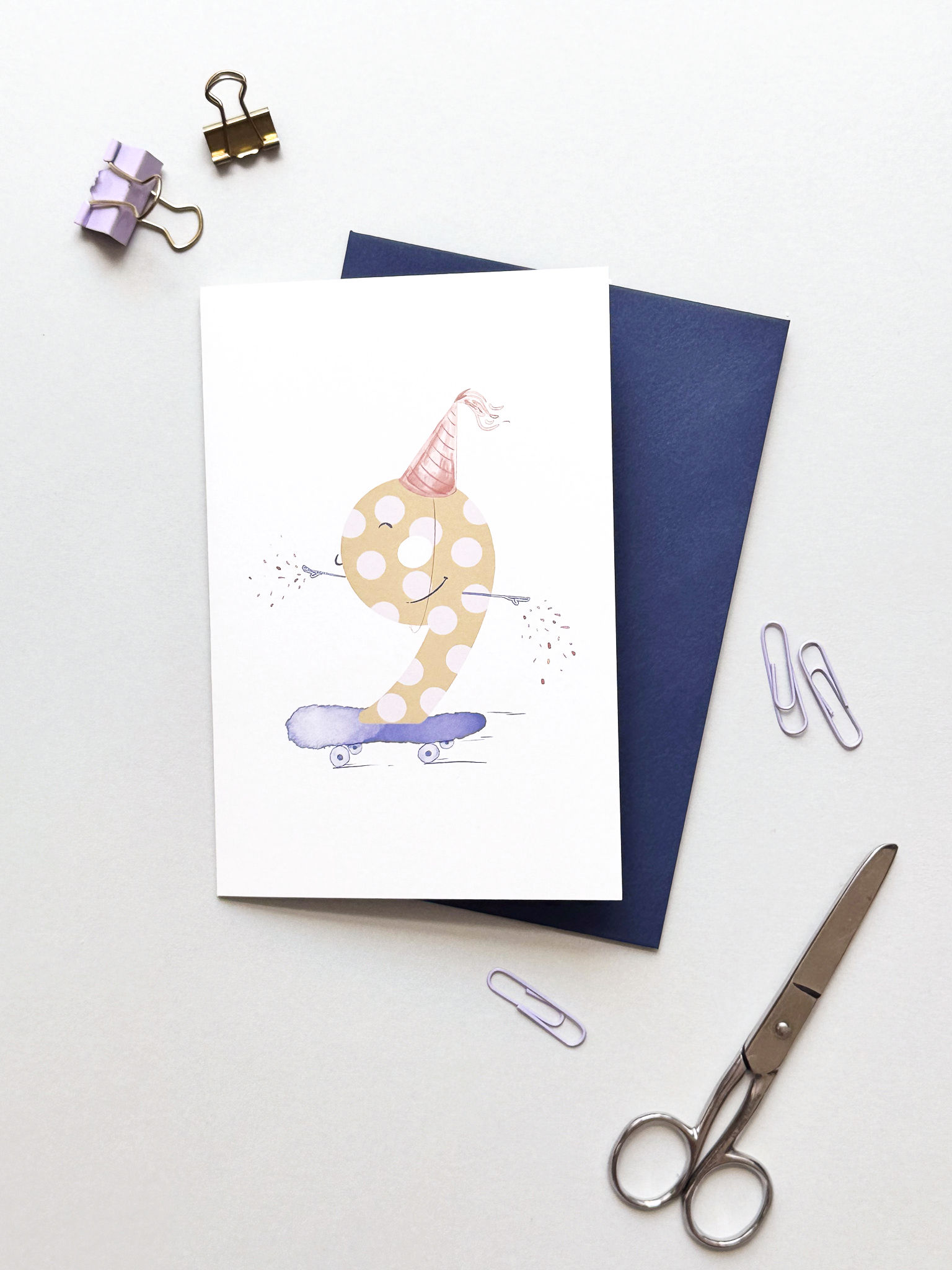 Funny 9th Birthday Greeting Card – Number 9 on Skateboard Illustration | Children