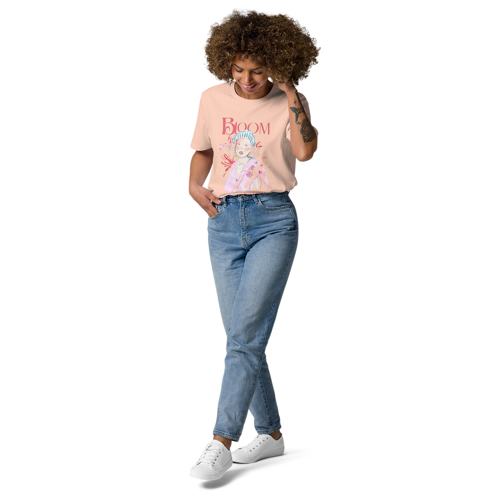Thumbnail: Unisex organic cotton T-shirt in Peche- Colorful illustration, Woman, Grow