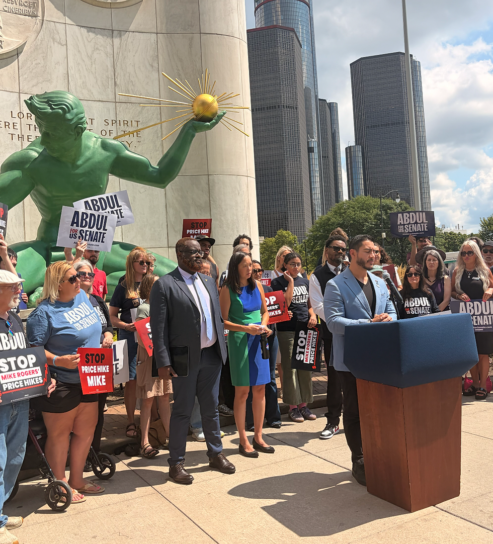 Democratic U.S. Senate Nominee Abdul El-Sayed outside of the Spirit of Detroit Statue today. Photo by MIRS.  