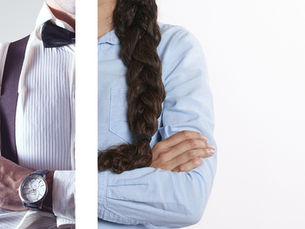Left side is of a faceless man in suspenders, bow tie, and button down shirt. Right side is woman in button down with long braid.