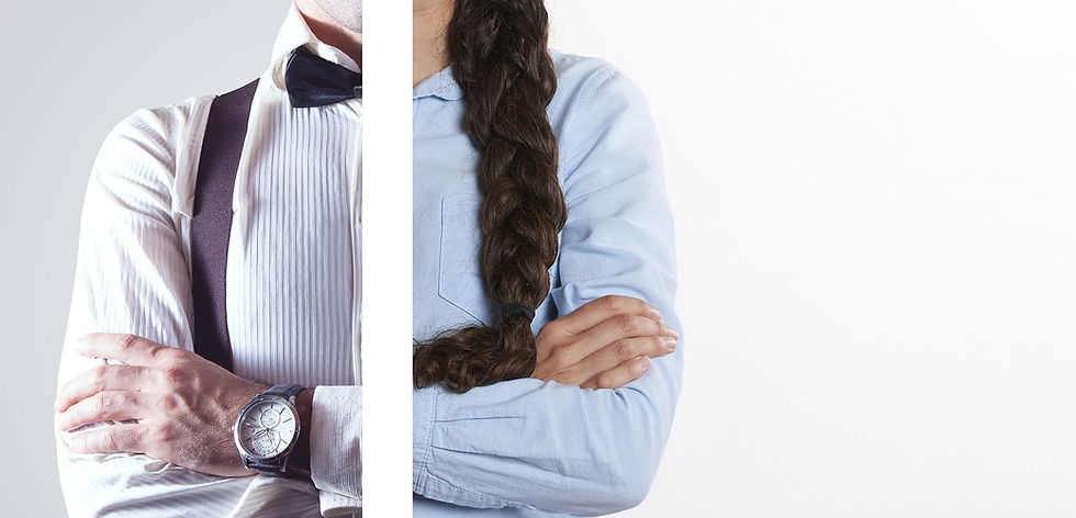 Left side is of a faceless man in suspenders, bow tie, and button down shirt. Right side is woman in button down with long braid.