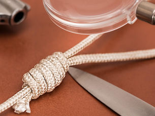 gun, noose, knife, and magnifying glass
