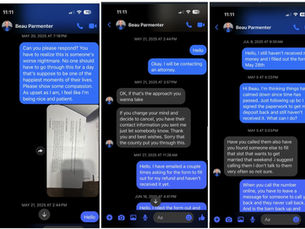 Former Country Barn Estates client, Alexis Yerian, tried to get her $2,500 deposit back after learning CBE owner Beau Parmenter's business had been closed by a court order in 2025. She said he had her sign an agreement holding him not liable and that at one point, he told her to “contact ‘them,’” but didn't say who “them” referred to (Screenshots from Yerian)