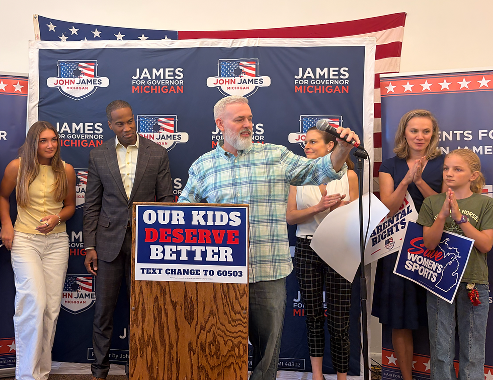 Federal lawsuit plaintiff Shane Pruitt of Grosse Pointe Woods speaks at James press conference. Photo by MIRS.