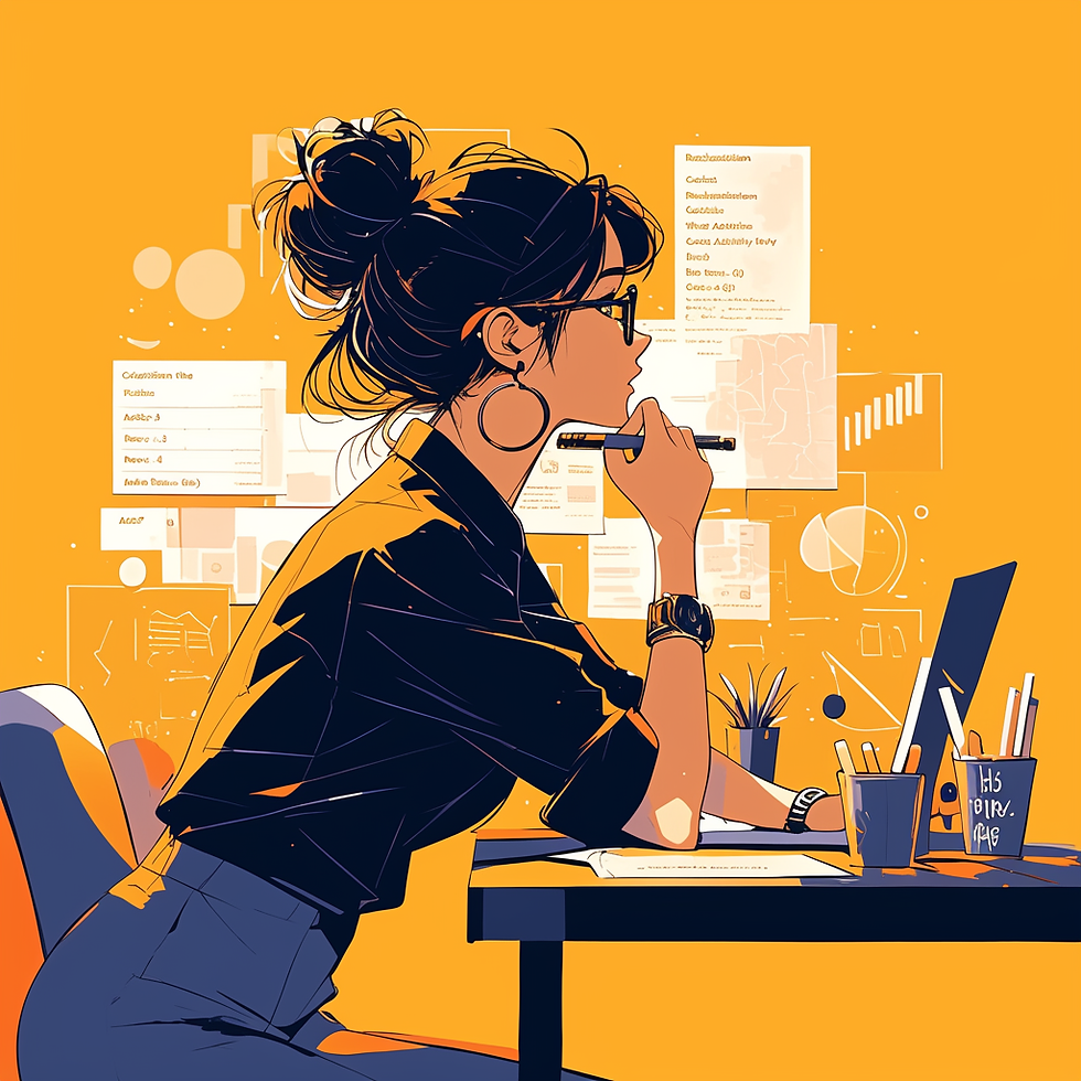 Woman at desk, deep in thought with a pen in hand. Background has charts and notes. Yellow and blue color scheme, modern workspace.