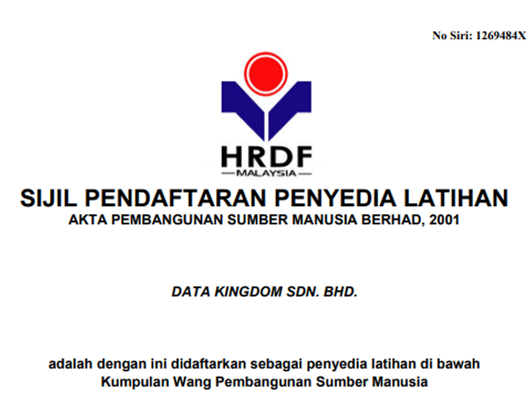 Our traning license from hrdf Malaysia. We will provide excellent training to escalate the trainee performance in the workplace.