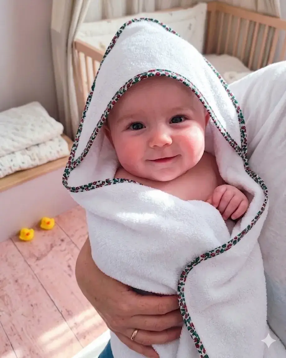 La cape de bain cerise, douceur après chaque bain.