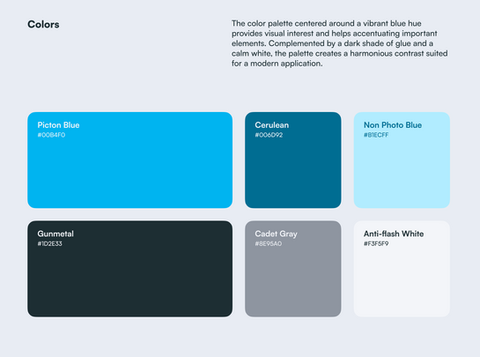 Colors used in the app: Picton Blue, Cerulean, Non Photo Blue, Gunmetal, Cadet Gray and Anti-flash White.
