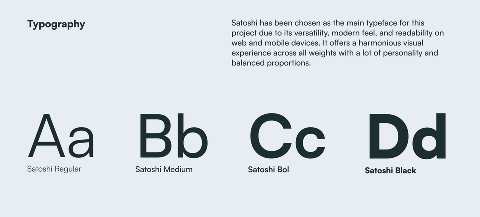 Satoshi typeface and fonts used in the user interface, displayed as individual letters. Satoshi regular, medium, bold and black.