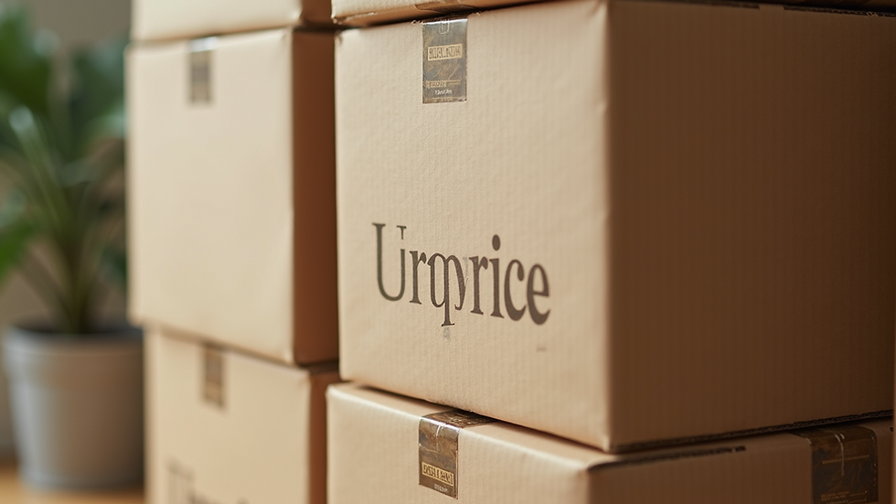 Close-up view of labeled moving boxes stacked neatly