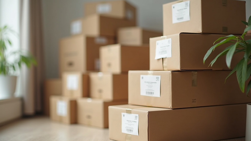 Close-up view of packed moving boxes labeled and stacked neatly