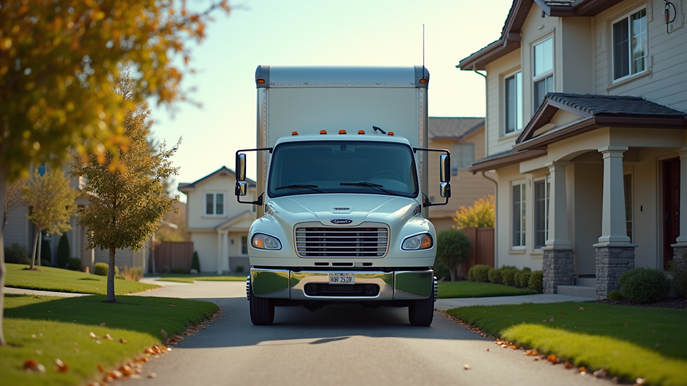 Eye-level view of a moving truck parked outside a residential home