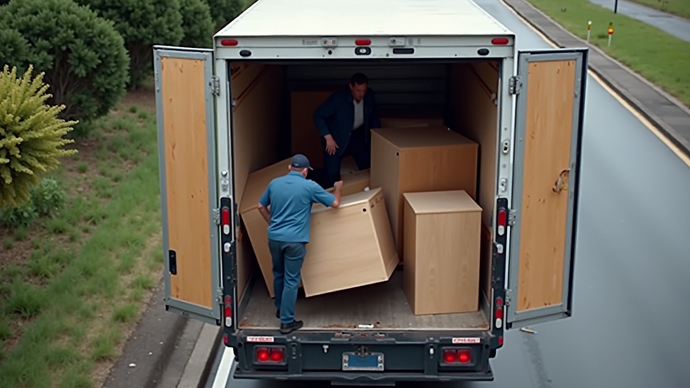 High angle view of a moving crew loading furniture into a truck