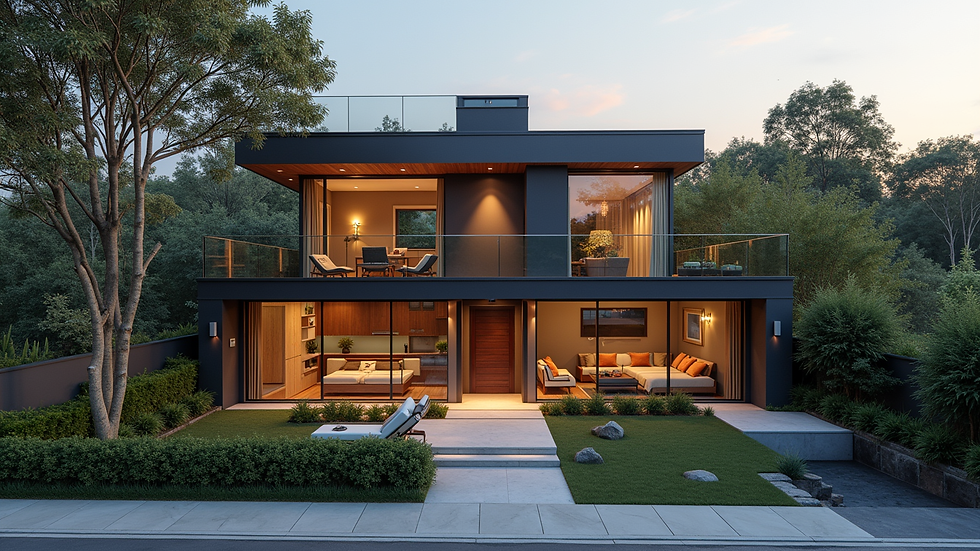 high angle view of modern house exterior with smart home technology