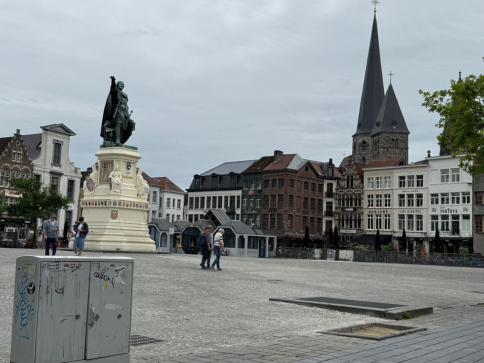 Vrijdagmarkt (Friday Market Square)- the statute is Jacob van Artevelde (c. 1290-1345) Wealthy merchant & diplomat who found a solution to keep doing business with England without abandoning France. This statue famously points towards England. He created early public infrastructure for trustworthy markets.