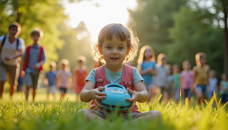 Eye-level view of a child using a speech-generating device outdoors at summer camp