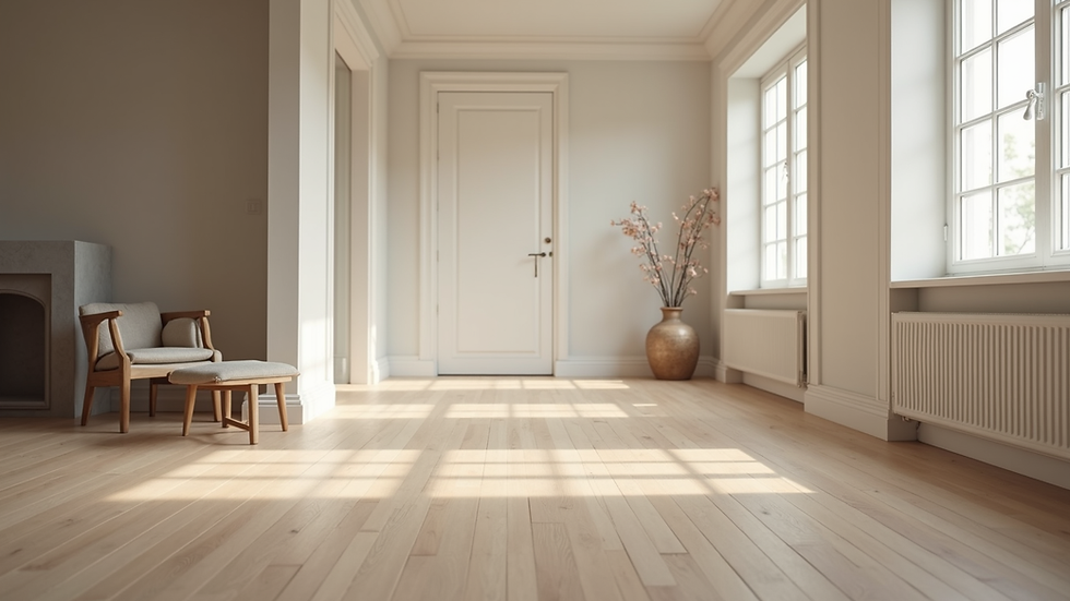 Eye-level view of a living room cleared of furniture for flooring installation