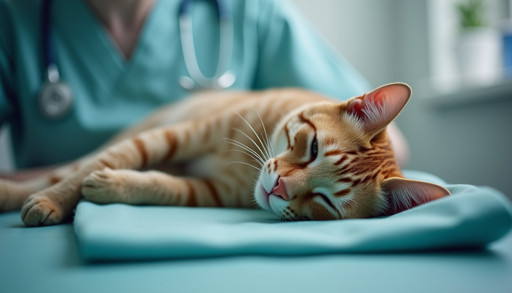 Vue en plongée d’un chat détendu sur une table vétérinaire après un soin