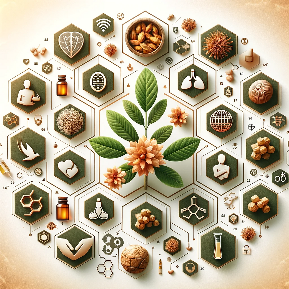 Boswellia serrata'nın sağlık faydalarını gösteren bilgilendirici ve görsel olarak çekici bir resim; anti-inflamatuar etkileri, solunum sağlığı, cilt bakımı, mental wellness ve kanser araştırmalarını temsil eden simgeler, Boswellia serrata bitkisi ve reçinesinin görselleri ile uyumlu ve doğal bir renk paletinde birleştirilmiş