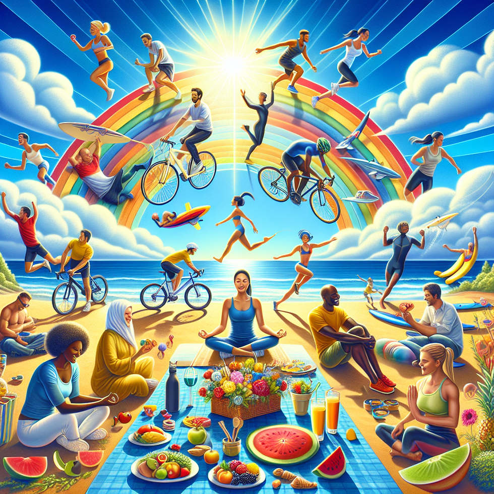 A bright, sunny day with a vibrant blue sky. A diverse group of people engaging in various healthy activities like yoga, cycling, running, surfing, and swimming. In the foreground, a colorful picnic spread with fruits and vegetables in all the colors of the rainbow. People are smiling and interacting warmly with each other, symbolizing positive social and intellectual engagement. The scene is full of energy and happiness, reflecting a healthy and joyful lifestyle