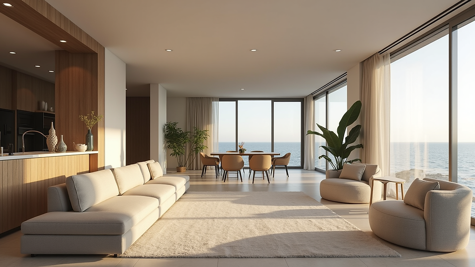 Eye-level view of modern apartment interior with sustainable design elements